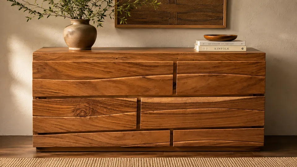Parota Wave Dresser, with flowing wood grain across its drawer fronts