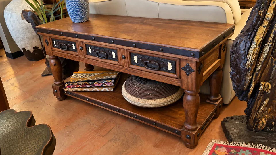 Hacienda Tooled Leather Sofa Table, staged in a room