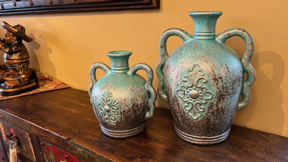 Silvery Turquoise Scroll Vase, staged in a room