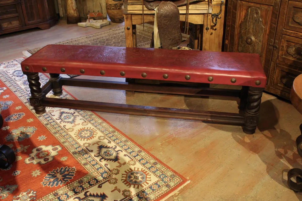 Rey Salomon Tooled Leather Backless Bench in Red Guinda