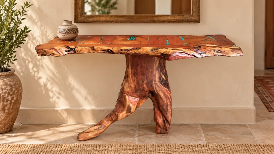 Live Edge Mesquite Console Table with Turquoise Inlay and Root Base