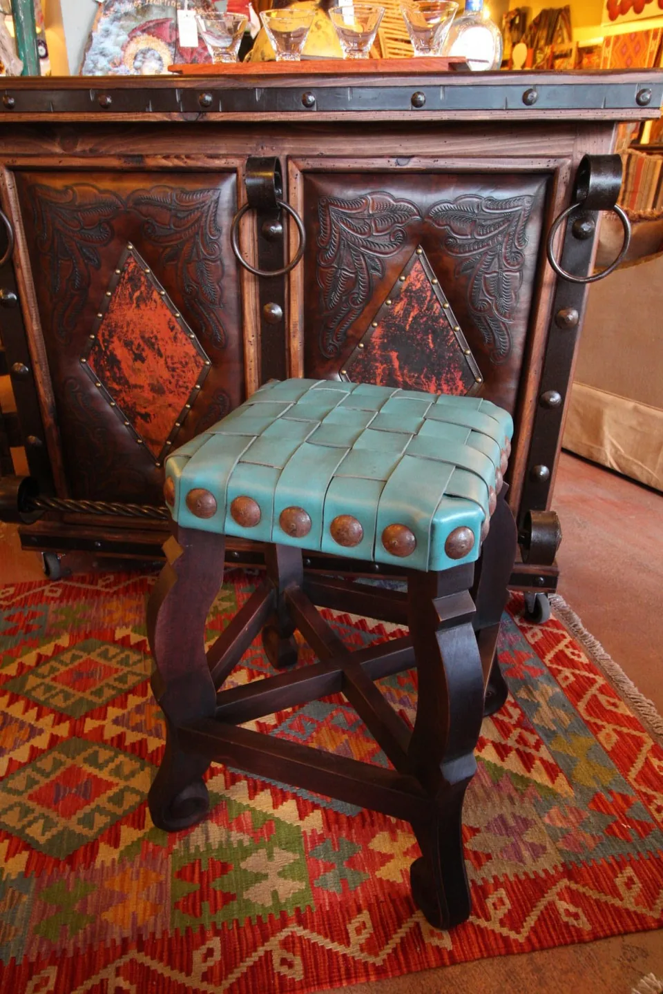 Argentina Woven Leather Stool in Turquoise