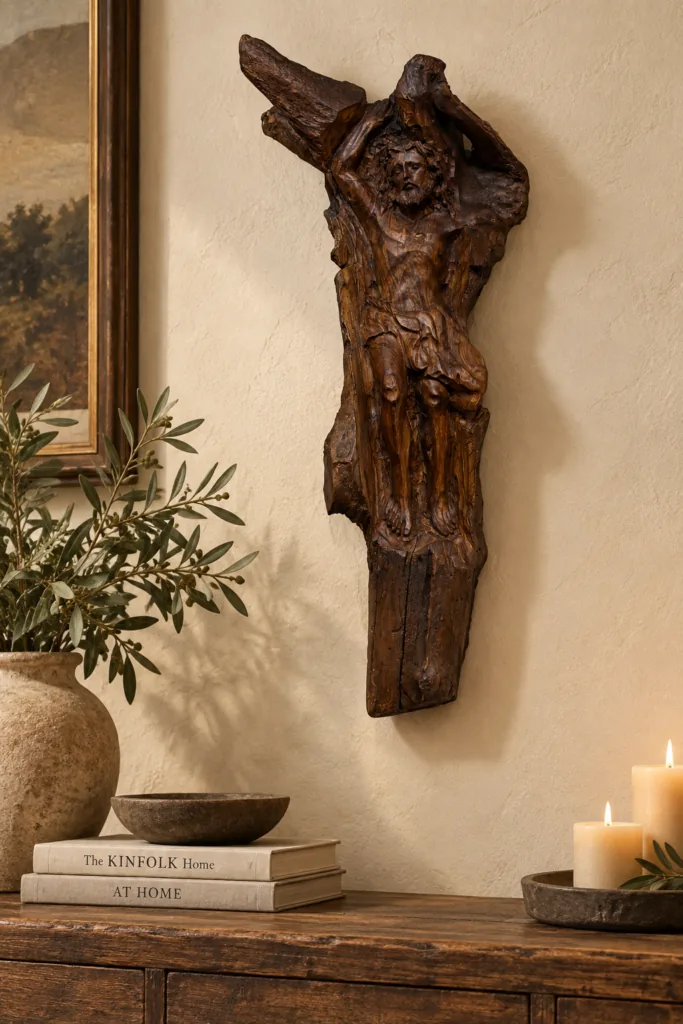 Hand-Sculptured Christ, staged in a room