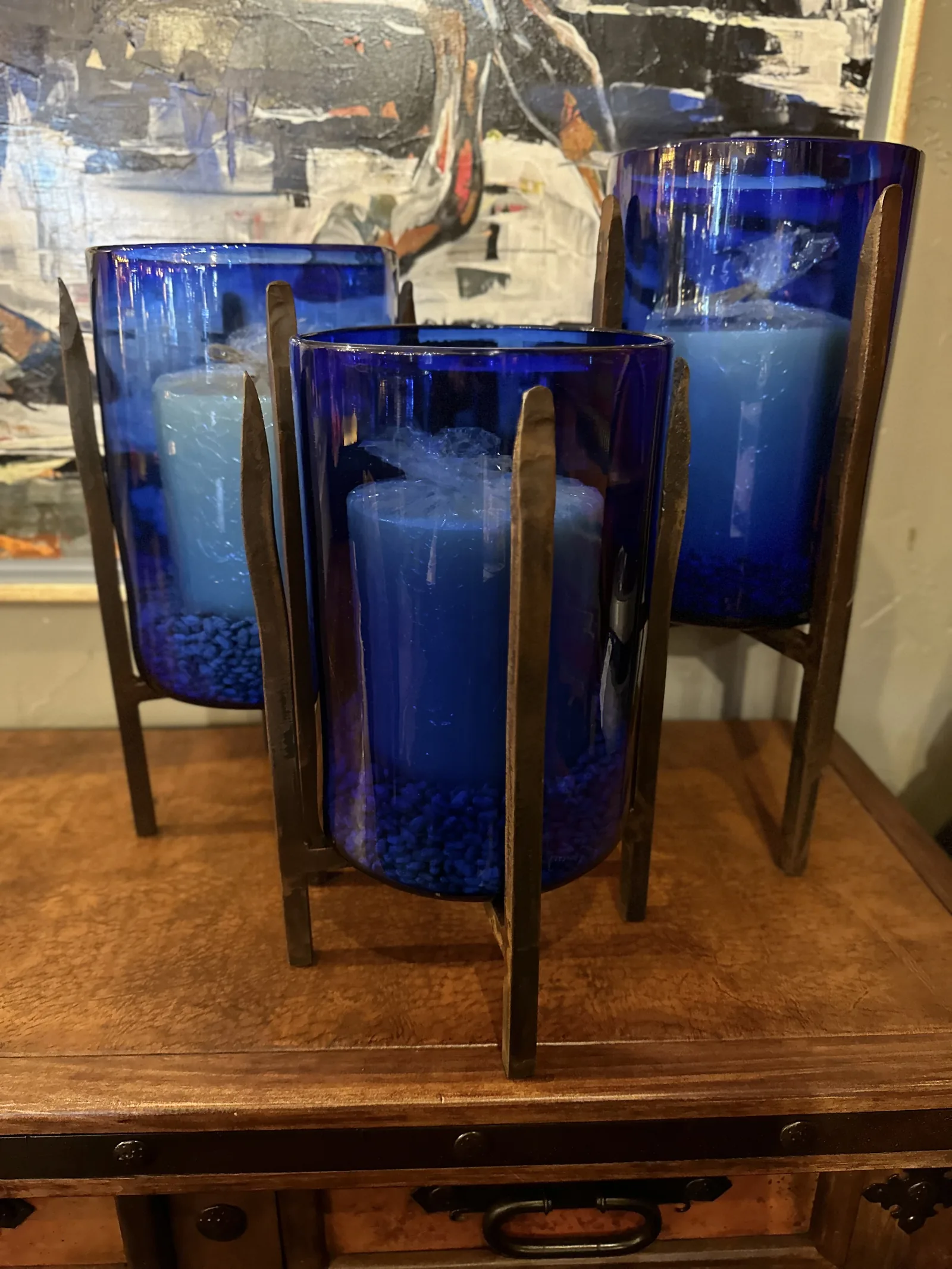 Set of 3 Indigo Blue Glass Candle Holders (doable in turquoise, green, amber or clear glass)