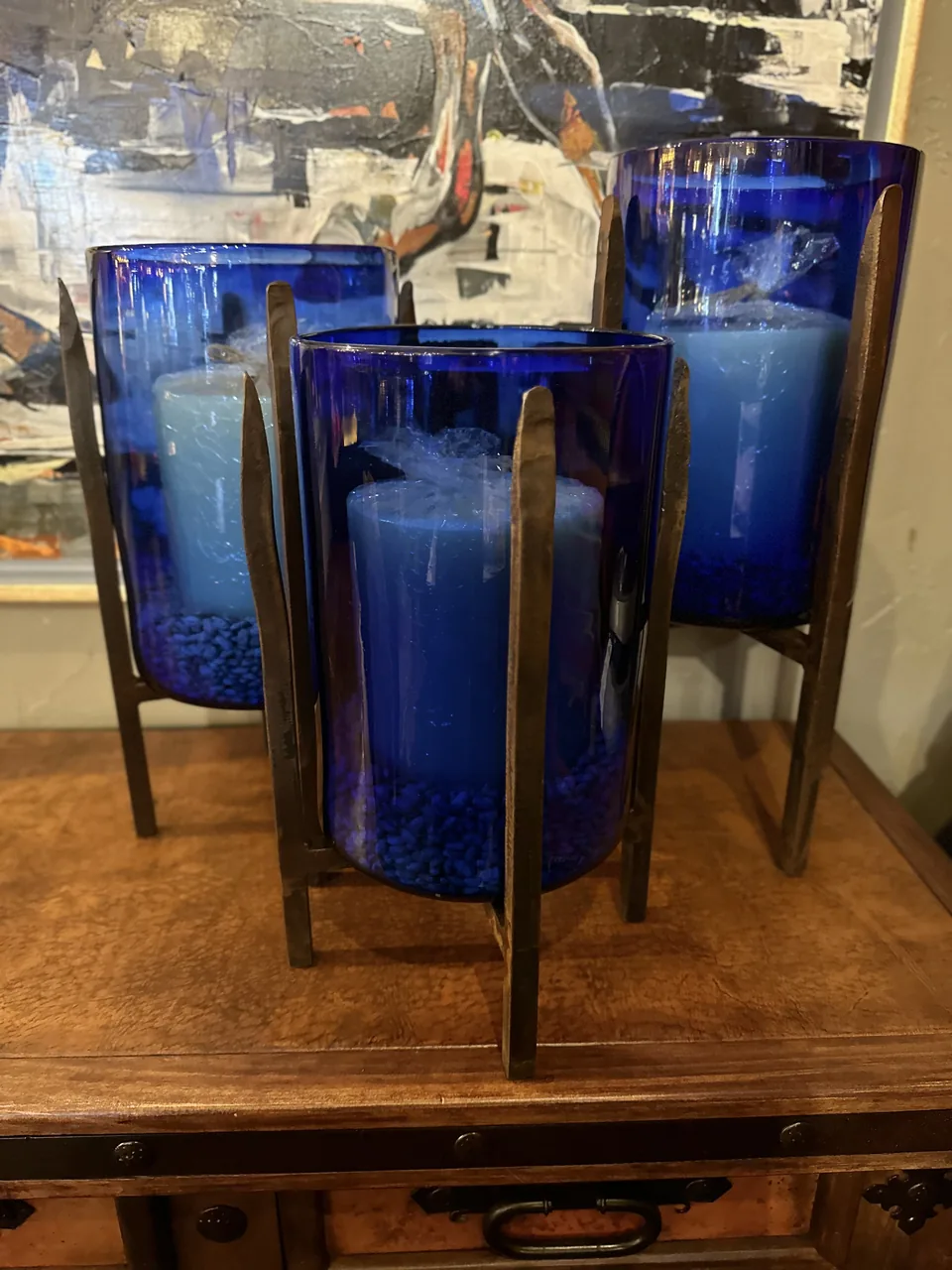 Set of 3 Indigo Blue Glass Candle Holders (doable in turquoise, green, amber or clear glass)