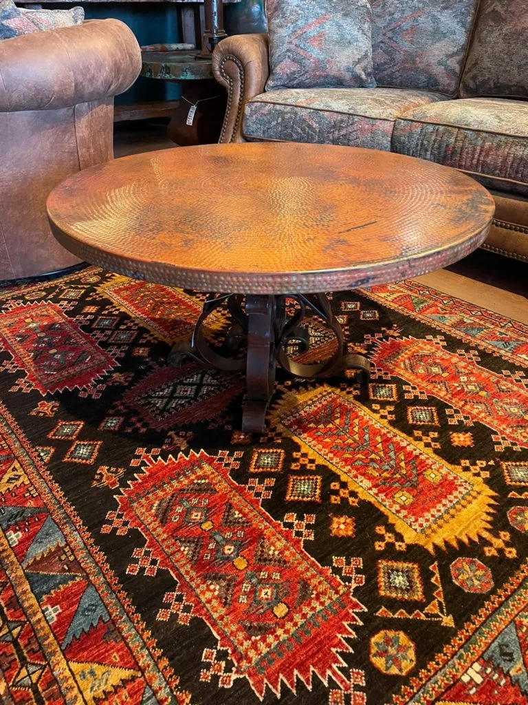 Round Hammered Copper Coffee Table with Iron Base