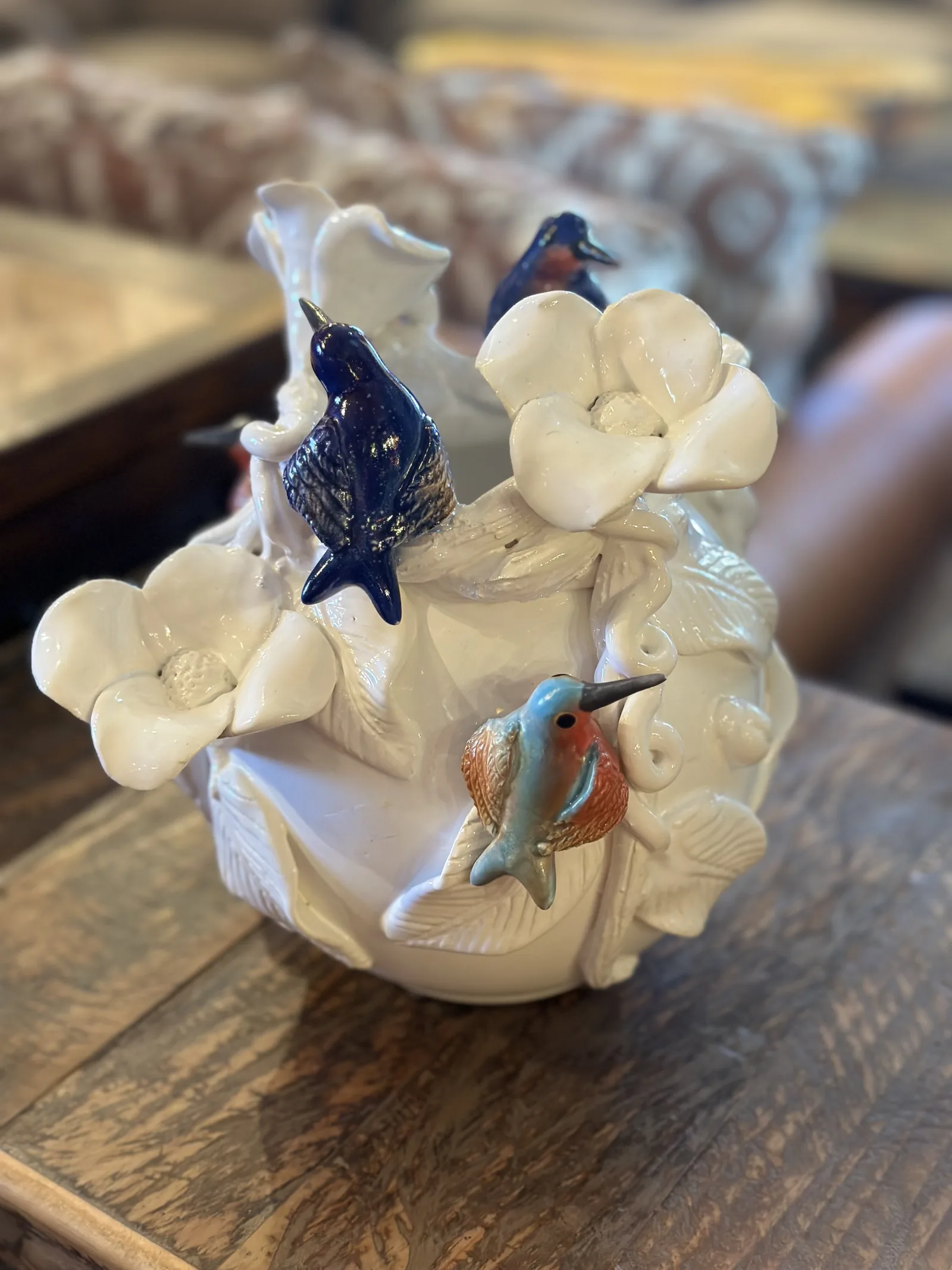 “White Flowers Hummingbirds” Sculptured Vase