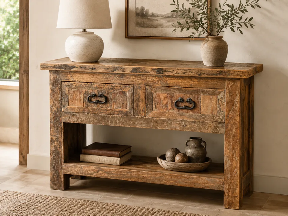 Rustic Chameleon Console, staged in a room