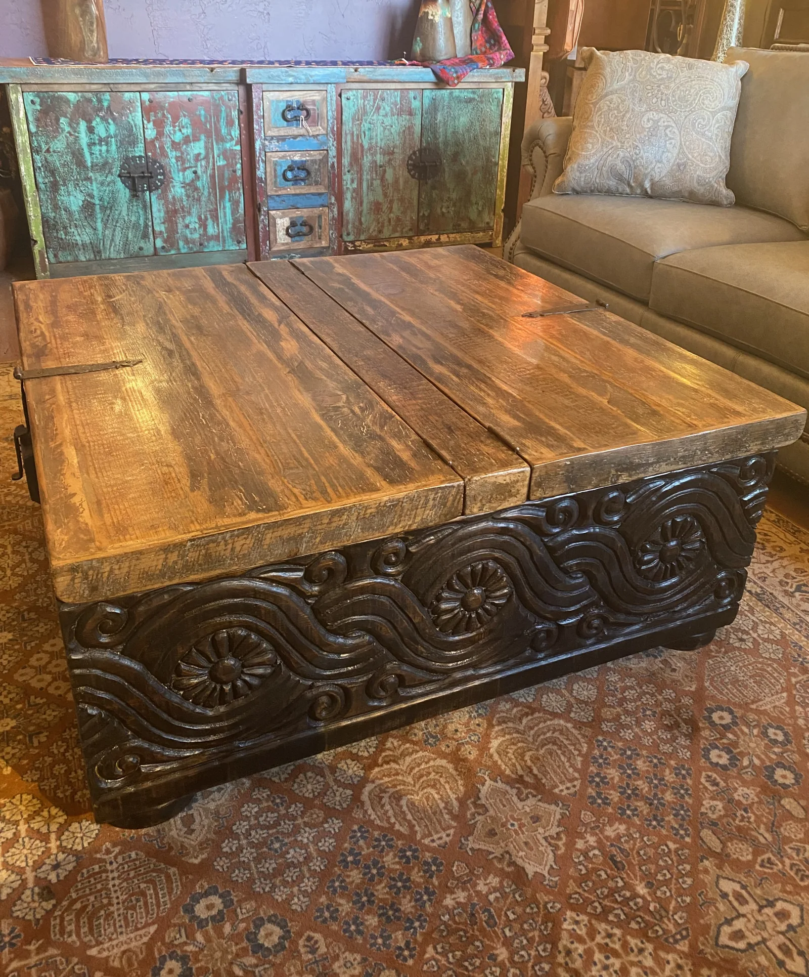 Black Wash Double-Lift Carved Coffee Table