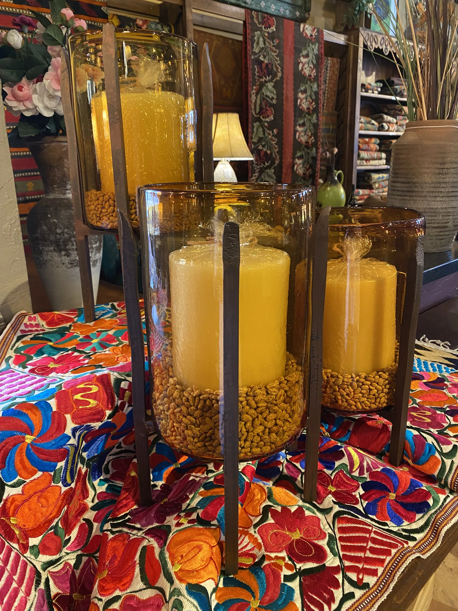 Set of 3 Amber Glass Candle Holders (doable in turquoise, indigo blue or clear glass)