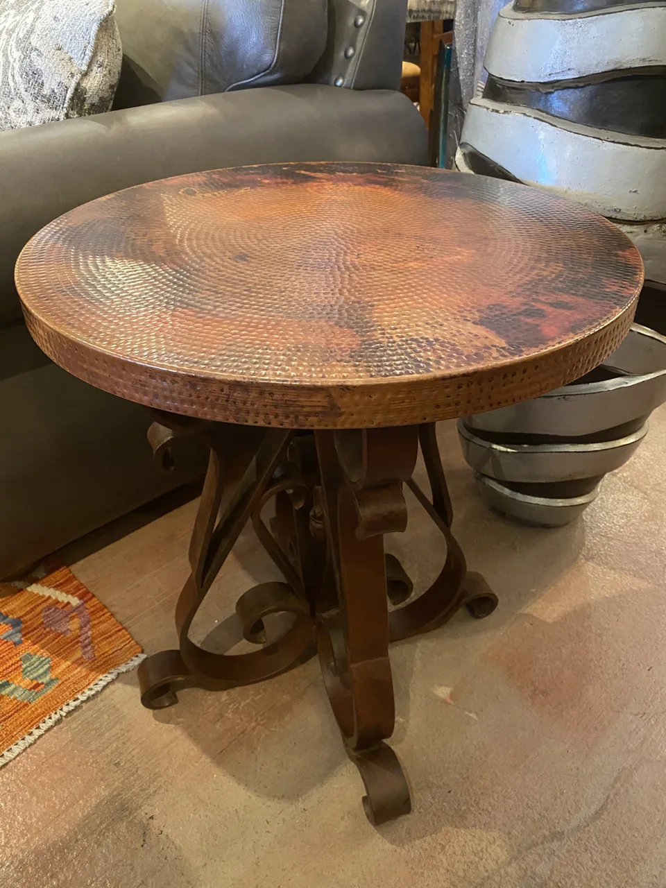 Round Hammered Copper End Table Iron base