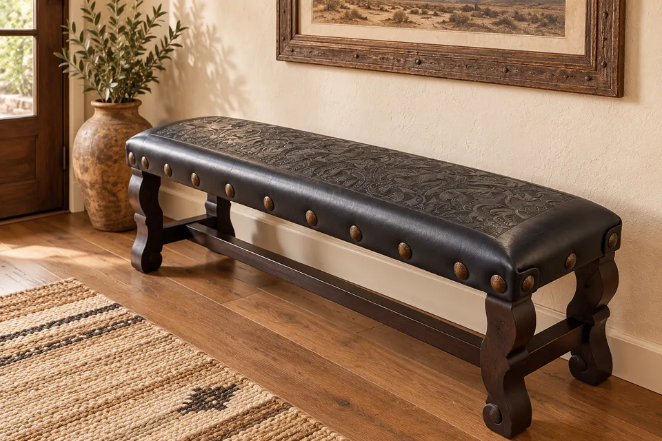 Argentina Tooled Leather Backless Bench in Black