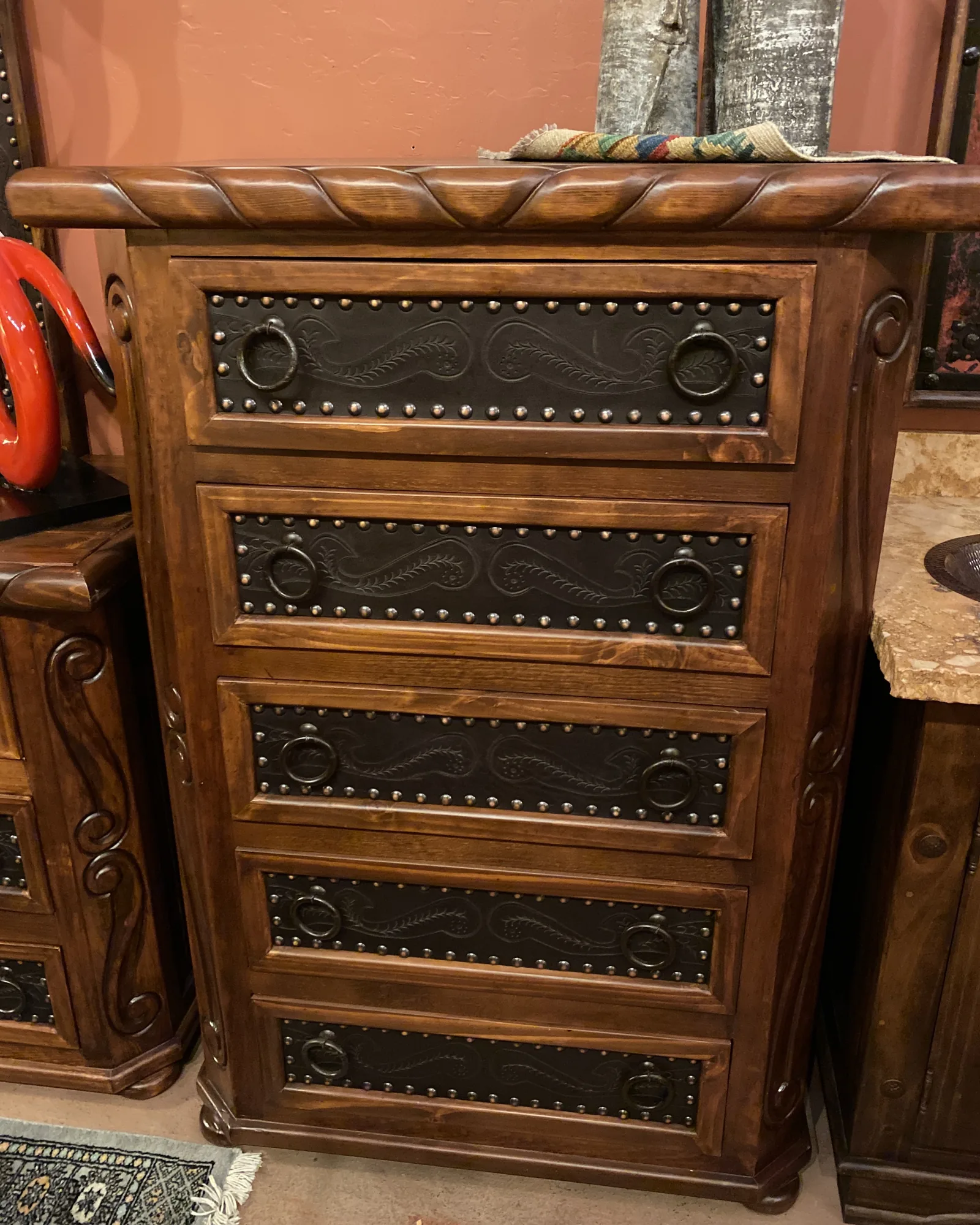 Oscar Tooled Leather Tallboy in Café