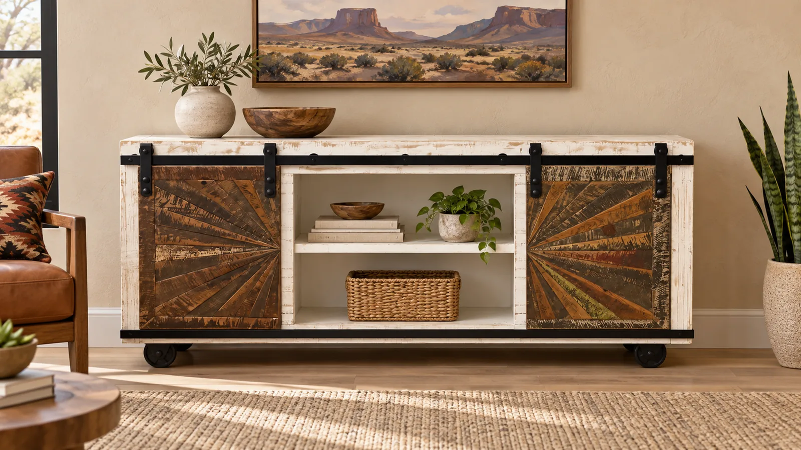 White Wash Sliding Door Console Table