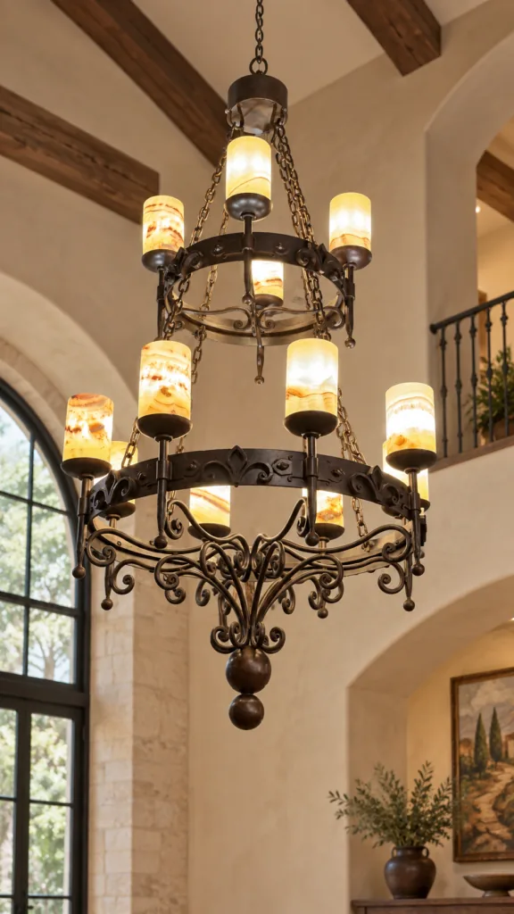 Double Fleur de Lis Onyx Shades Chandelier