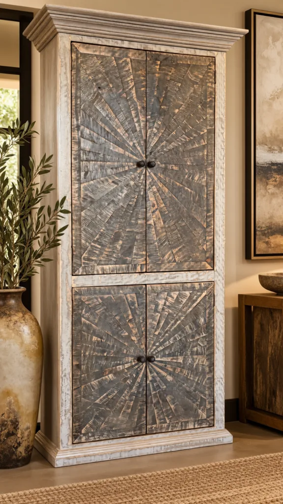 Gray Wash Starburst Wine Cabinet with Touch Light
