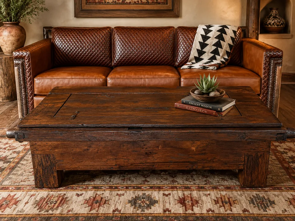 Weathered Hacienda Trunk Coffee Table, staged in a room