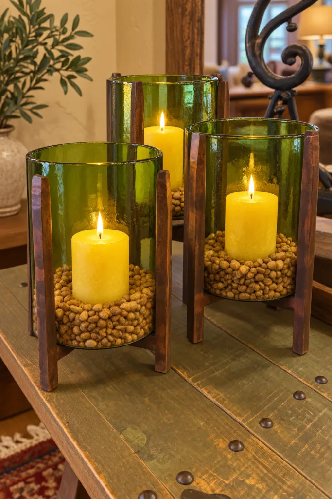Olive Glass Hurricane Candleholder Trio, staged in a room