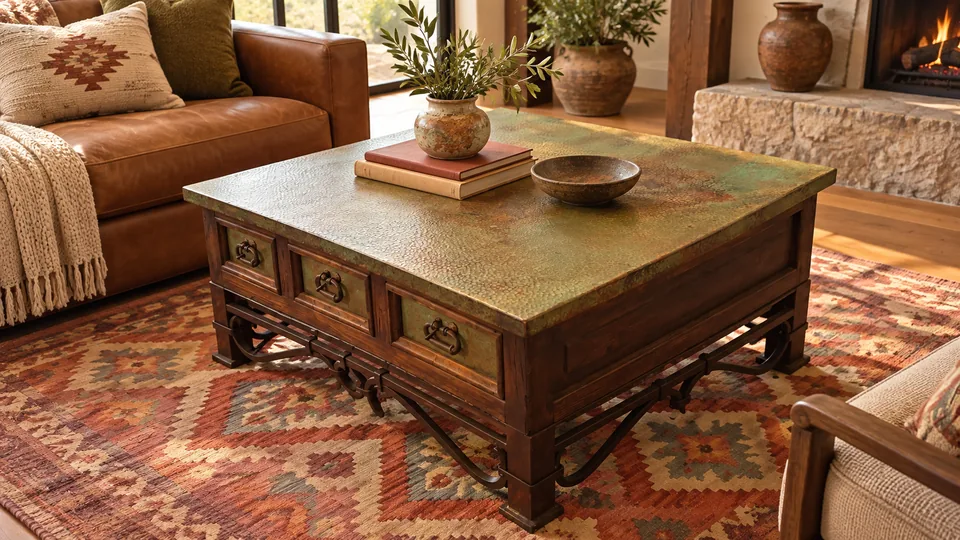 Hammered Patina Copper 6 Drawer Coffee Table, staged in a room