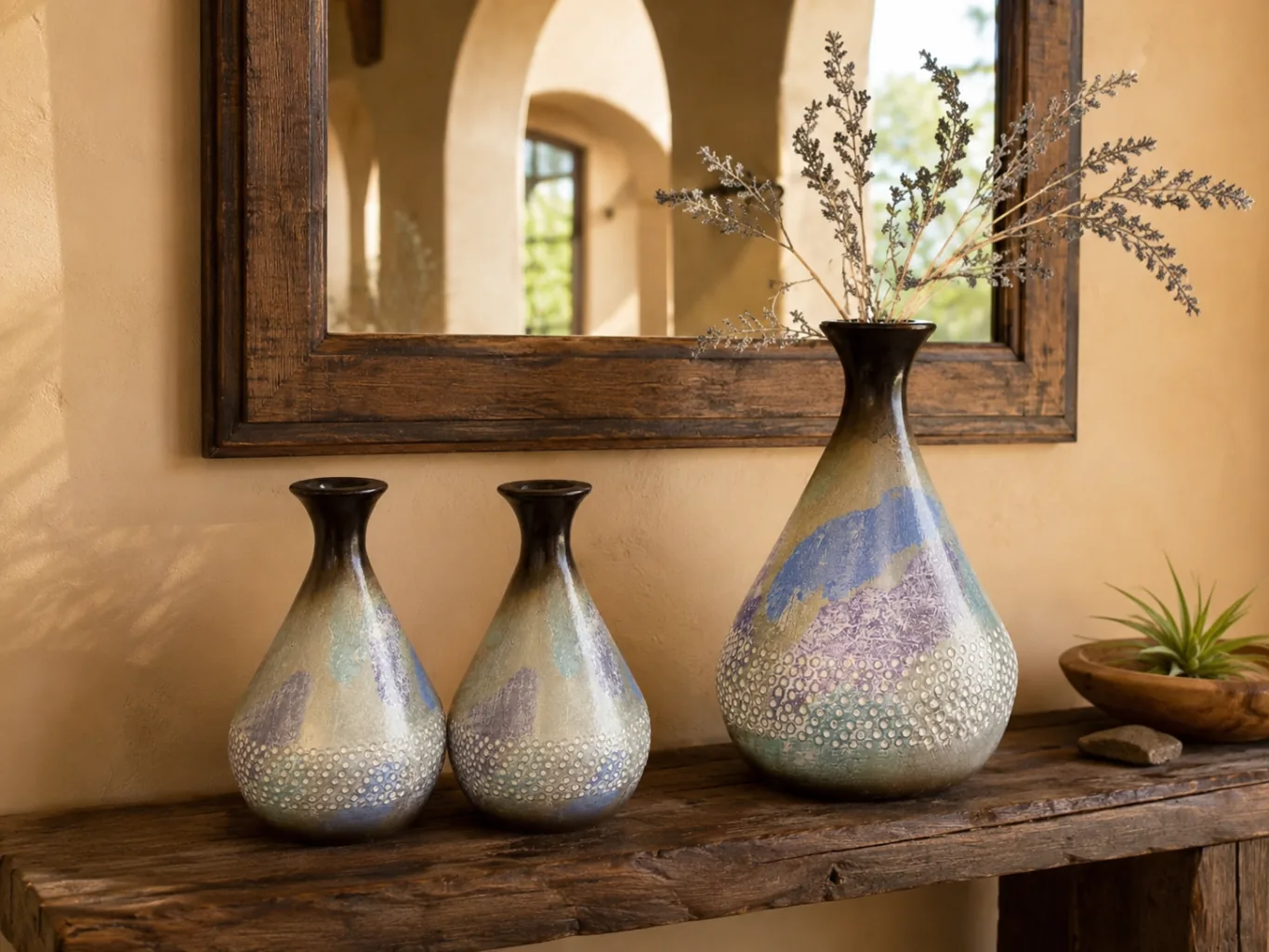 Mottled Blue Vase Trio