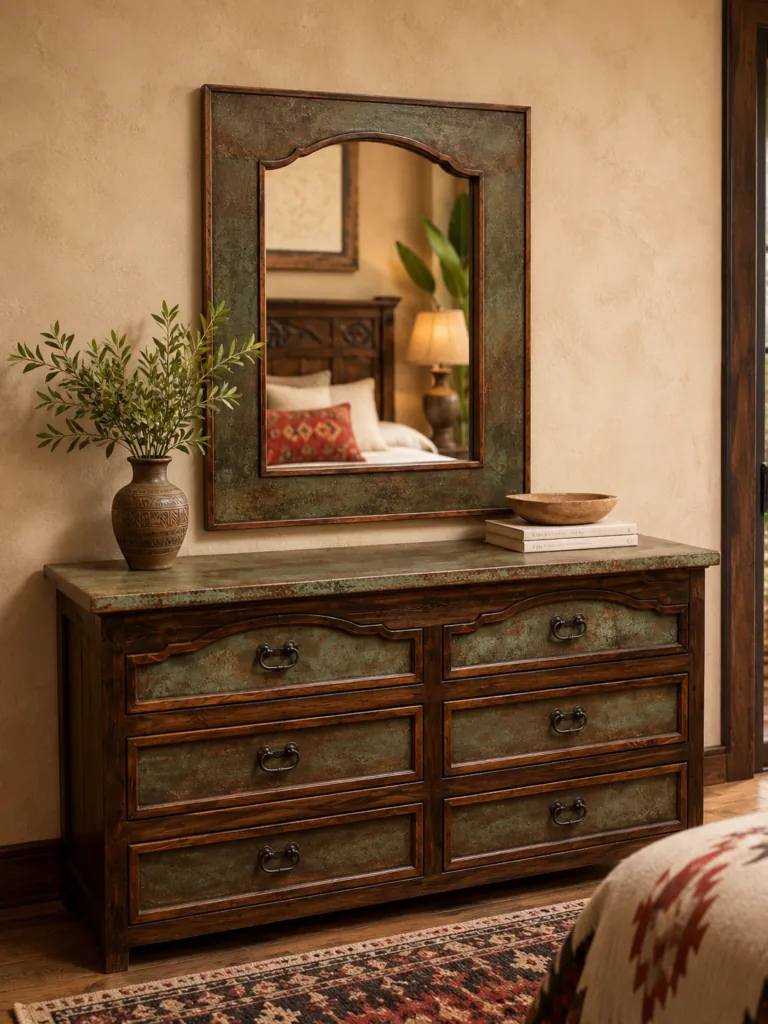 Patina Copper Dresser, staged in a room