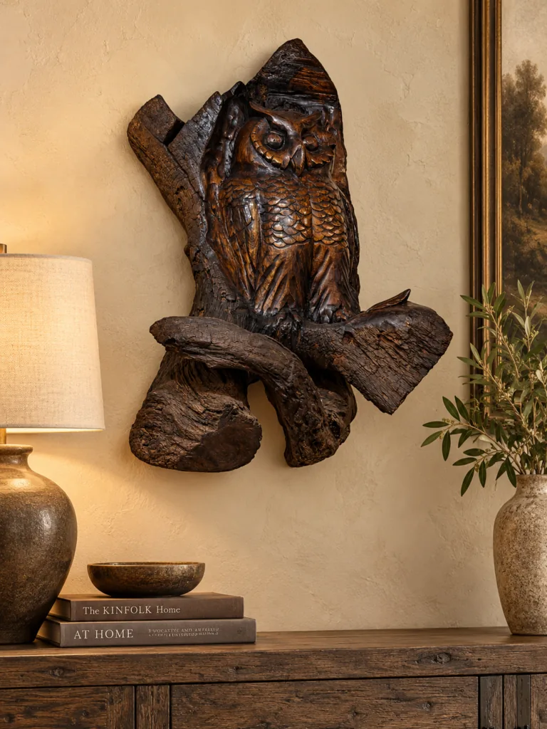 Hand-Sculpture Owl, staged in a room