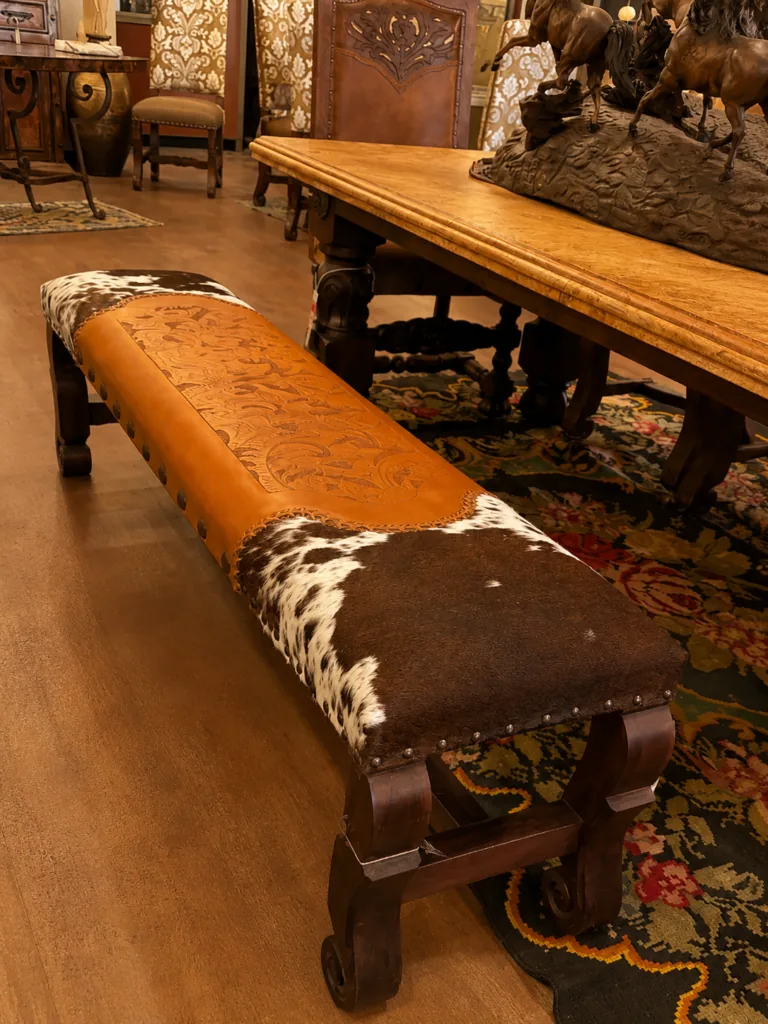 Mandarin Tooled Leather & Cowhide Bench