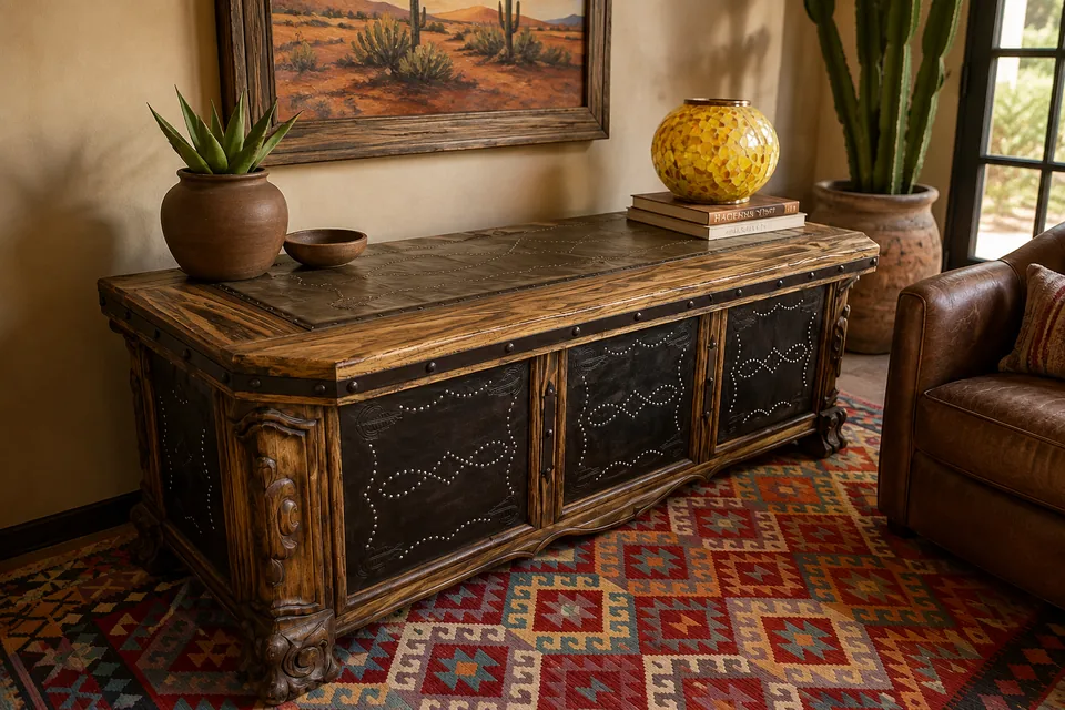 Hacienda Tooled Leather Desk, staged in a room