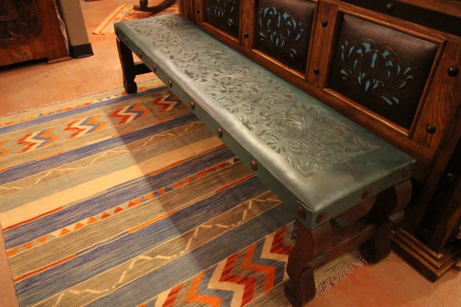 Argentina Tooled Leather Backless Bench in Evergreen