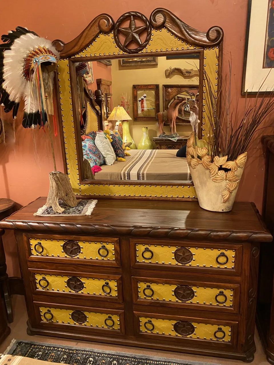 Lone Star Tooled Leather Dresser Set in Yellow