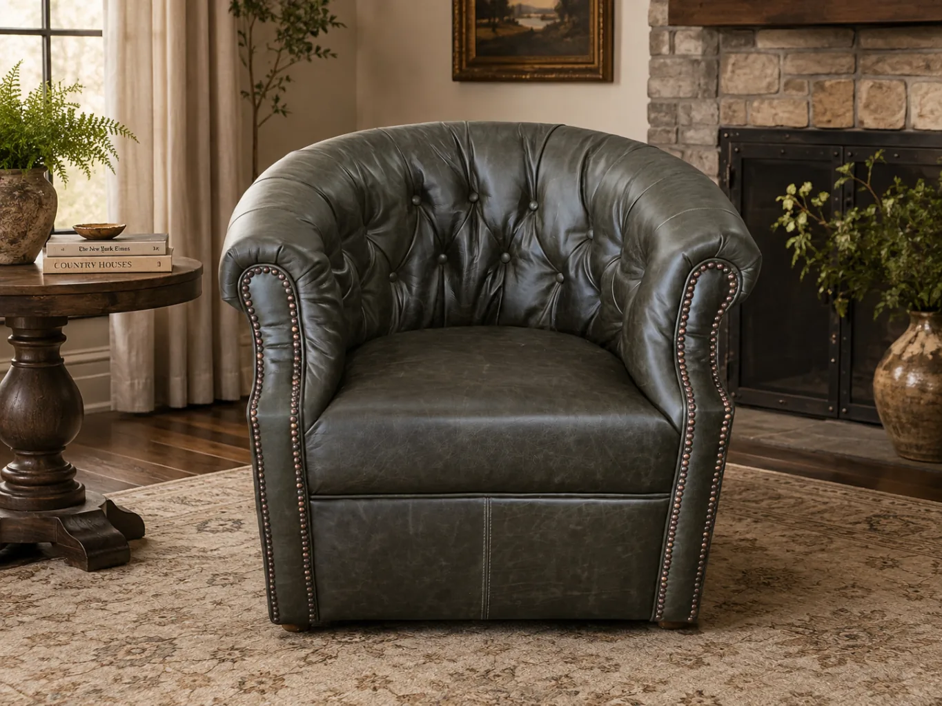 Evergreen Swivel Barrel Chair, staged in a room