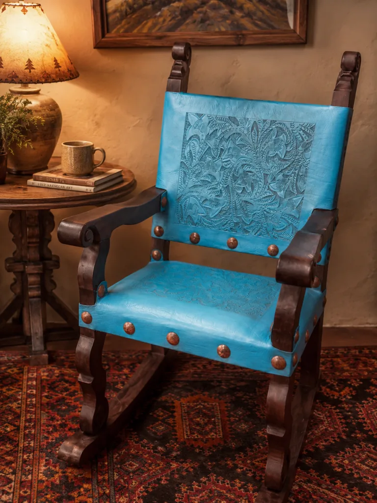 Argentina Tooled Leather Rocking Chair in Turquoise