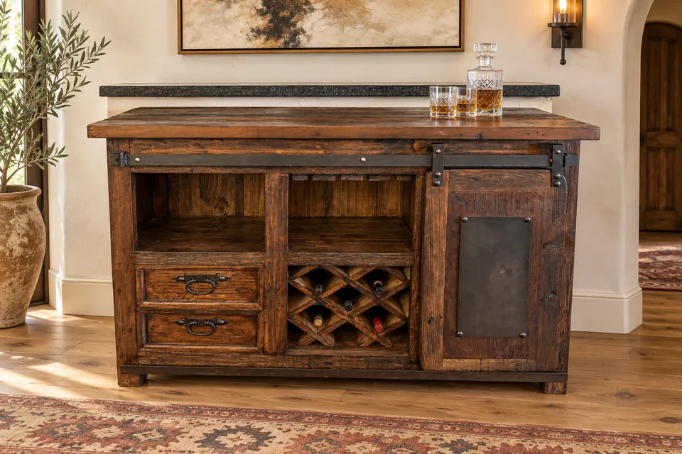 Rustic Barn-Door Wine Cabinet with Lift-Top Storage