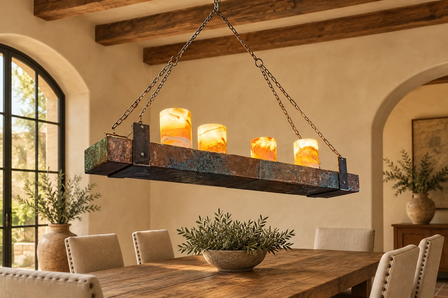 Four-Onyx Patinated Copper Chandelier