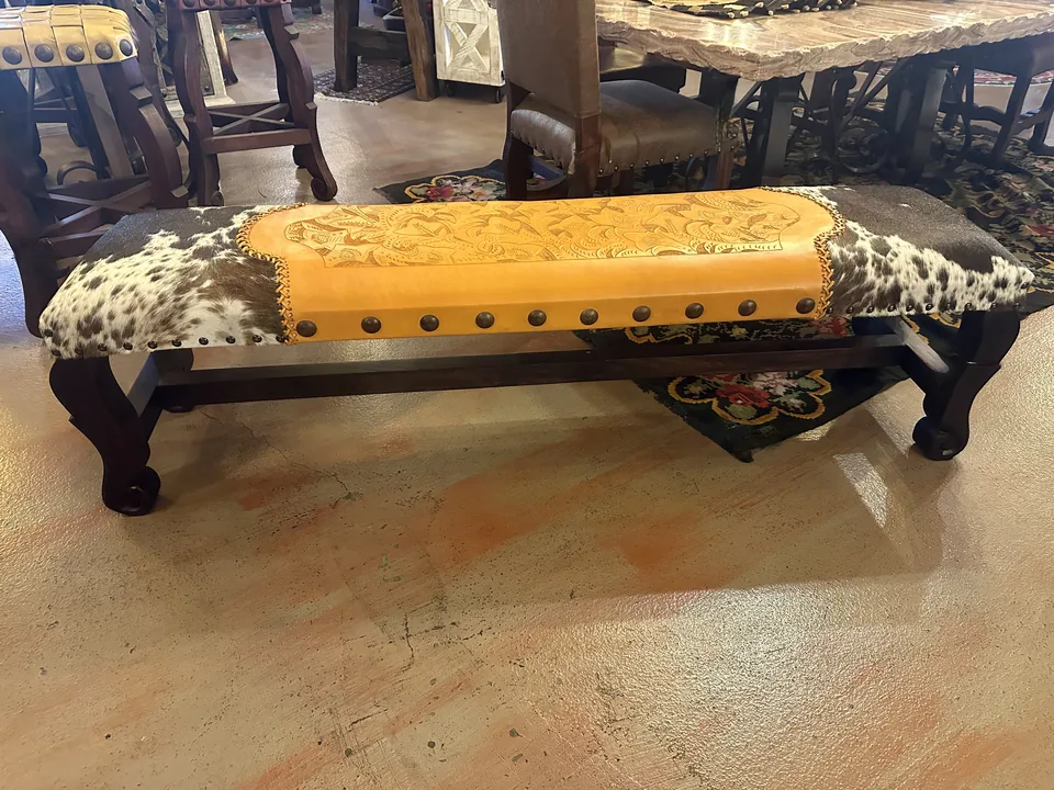 Lemon Tooled Leather & Cowhide Bench