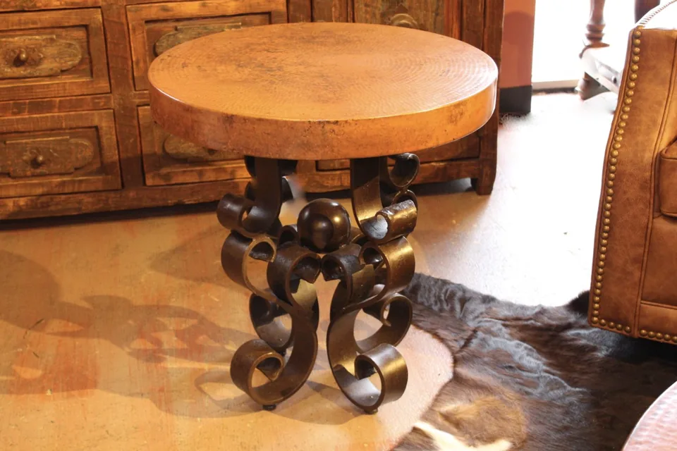 Round Hand-Hammered Copper End table with Forged Iron Base
