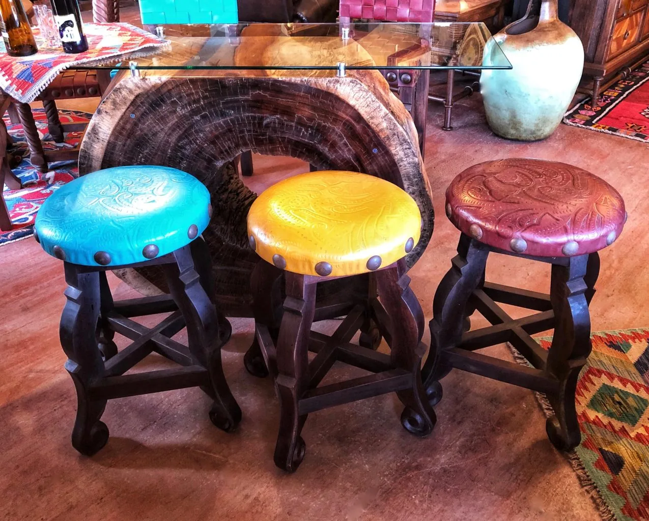 Round Tooled Leather Stool in Turquoise, Yellow & Red Guinda
