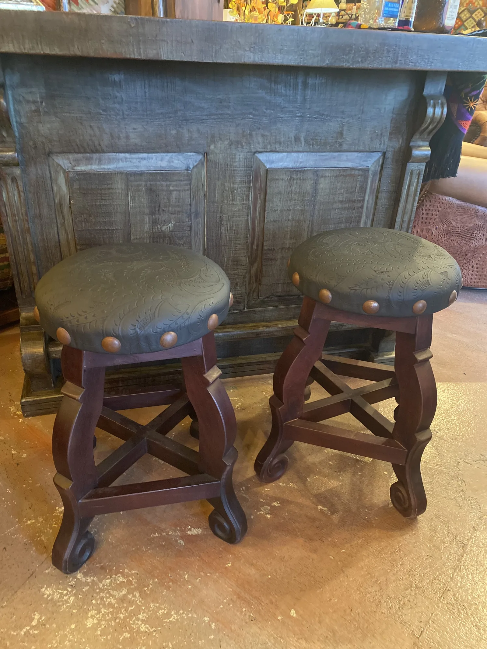 Round Tooled Leather Stool in Flat Black