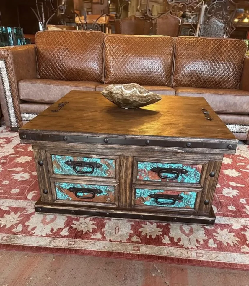 Acid Wash or Tooled Leather Lift-Top Coffee Table