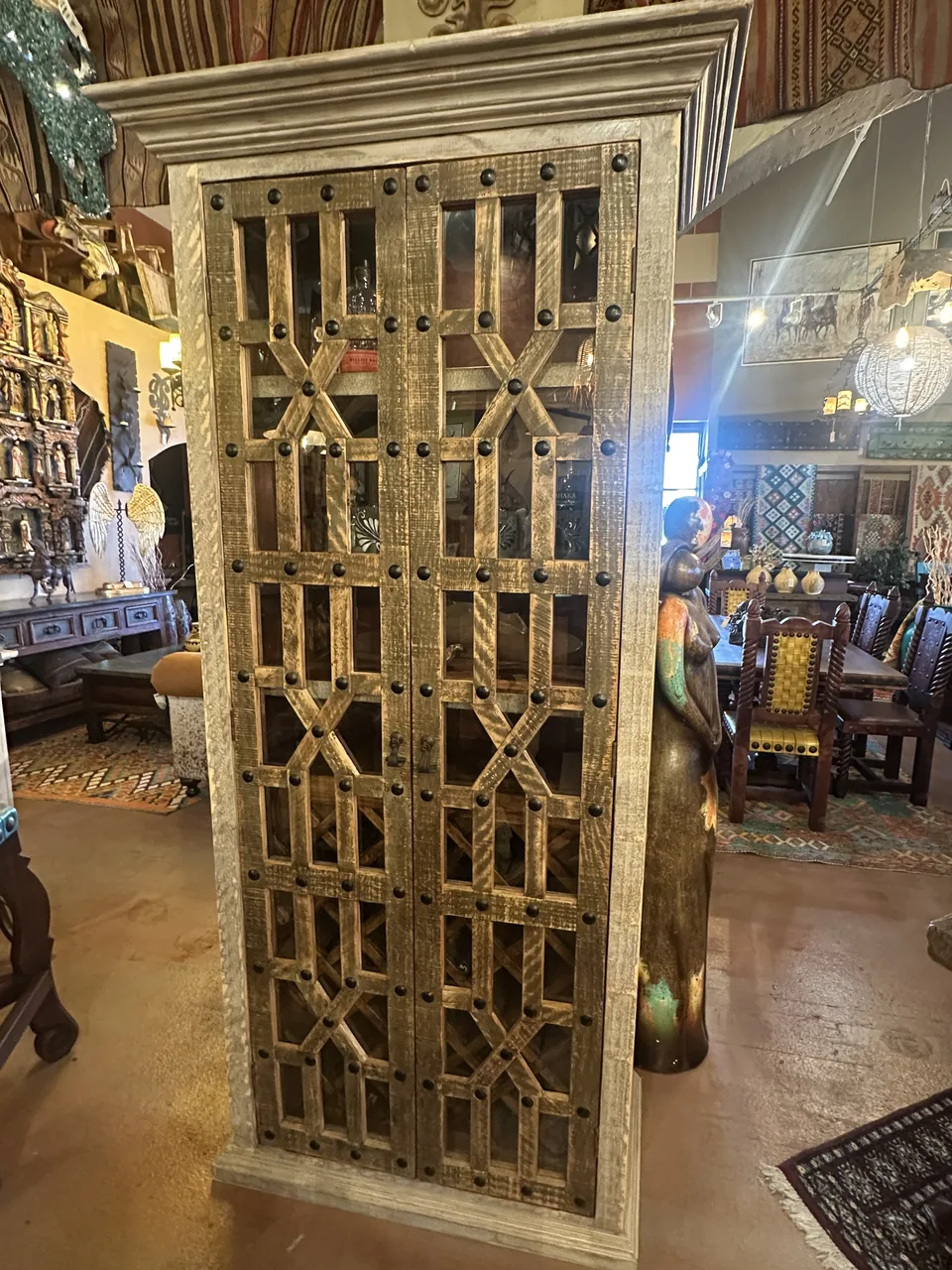 Gray Wash Cross-Bracing Glass Door Wine Cabinet with Touch Light