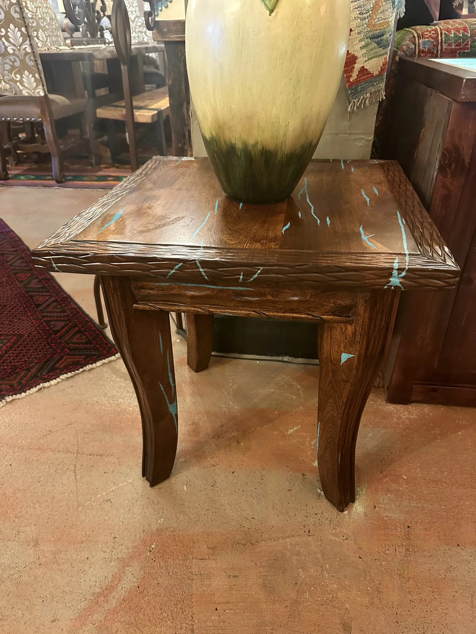 Four-Legged Mesquite Turquoise Inlay End Table