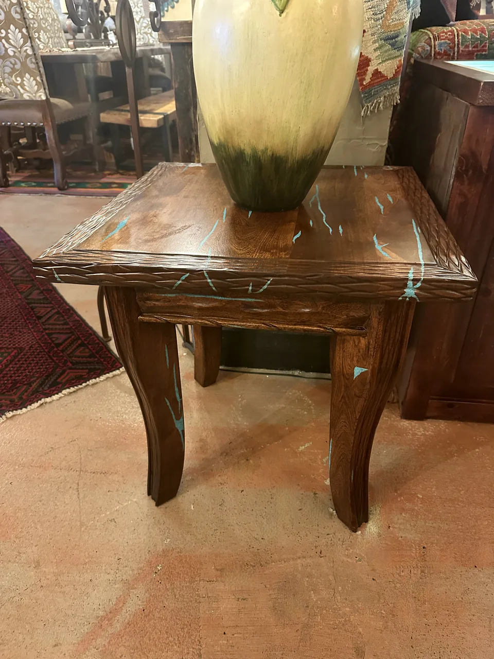 Four-Legged Mesquite Turquoise Inlay End Table