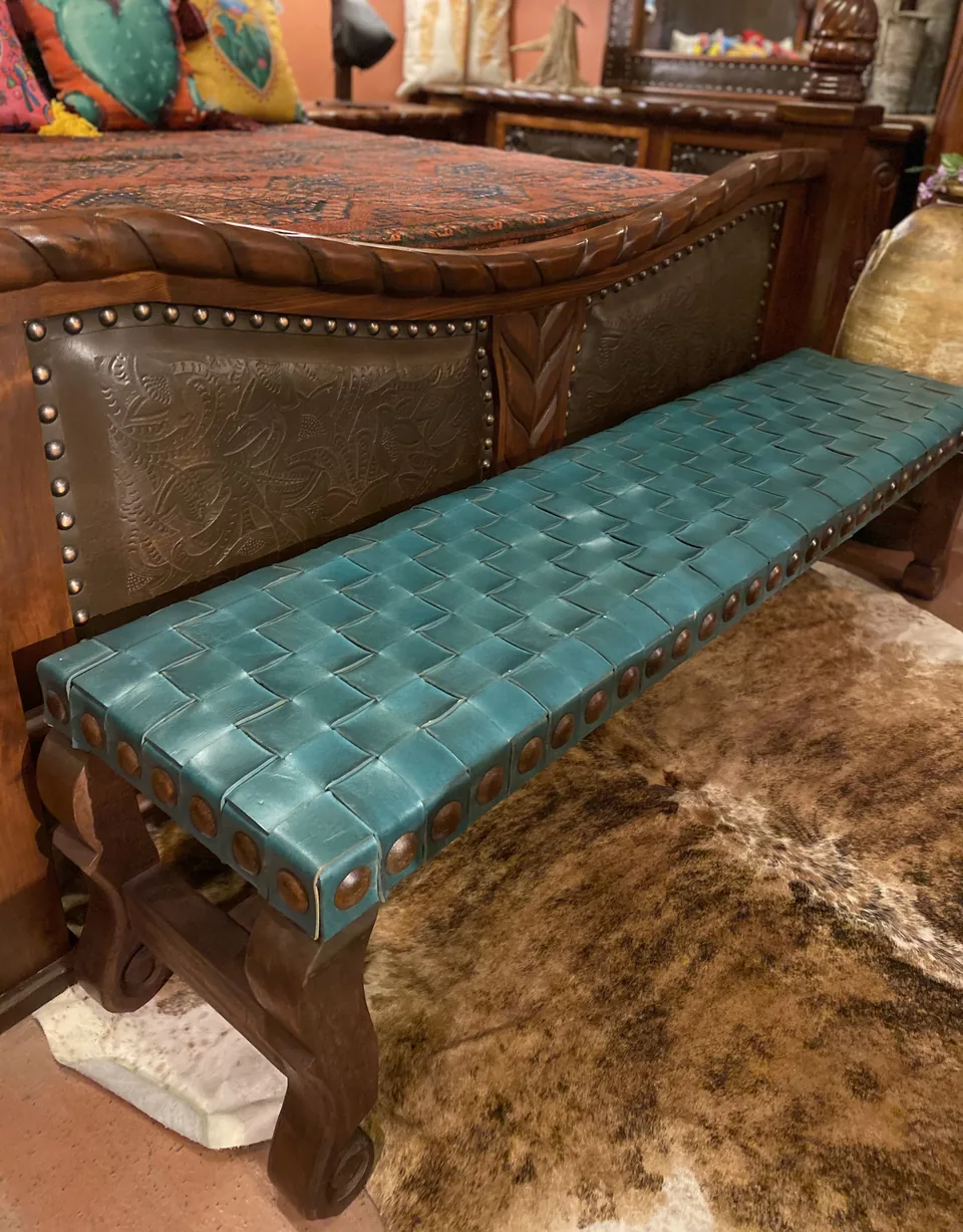 Argentina Woven Leather Backless Bench in Turquoise Verde