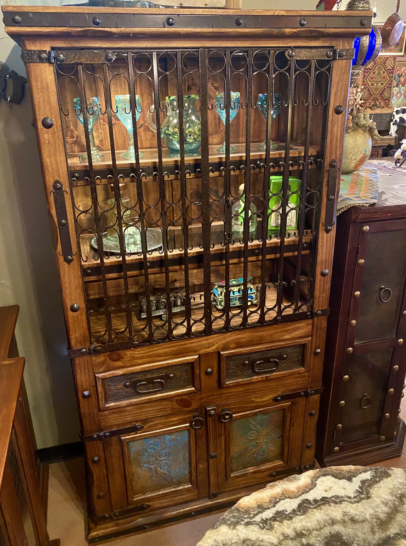 Ornate Copper & Tooled Leather Bookcase
