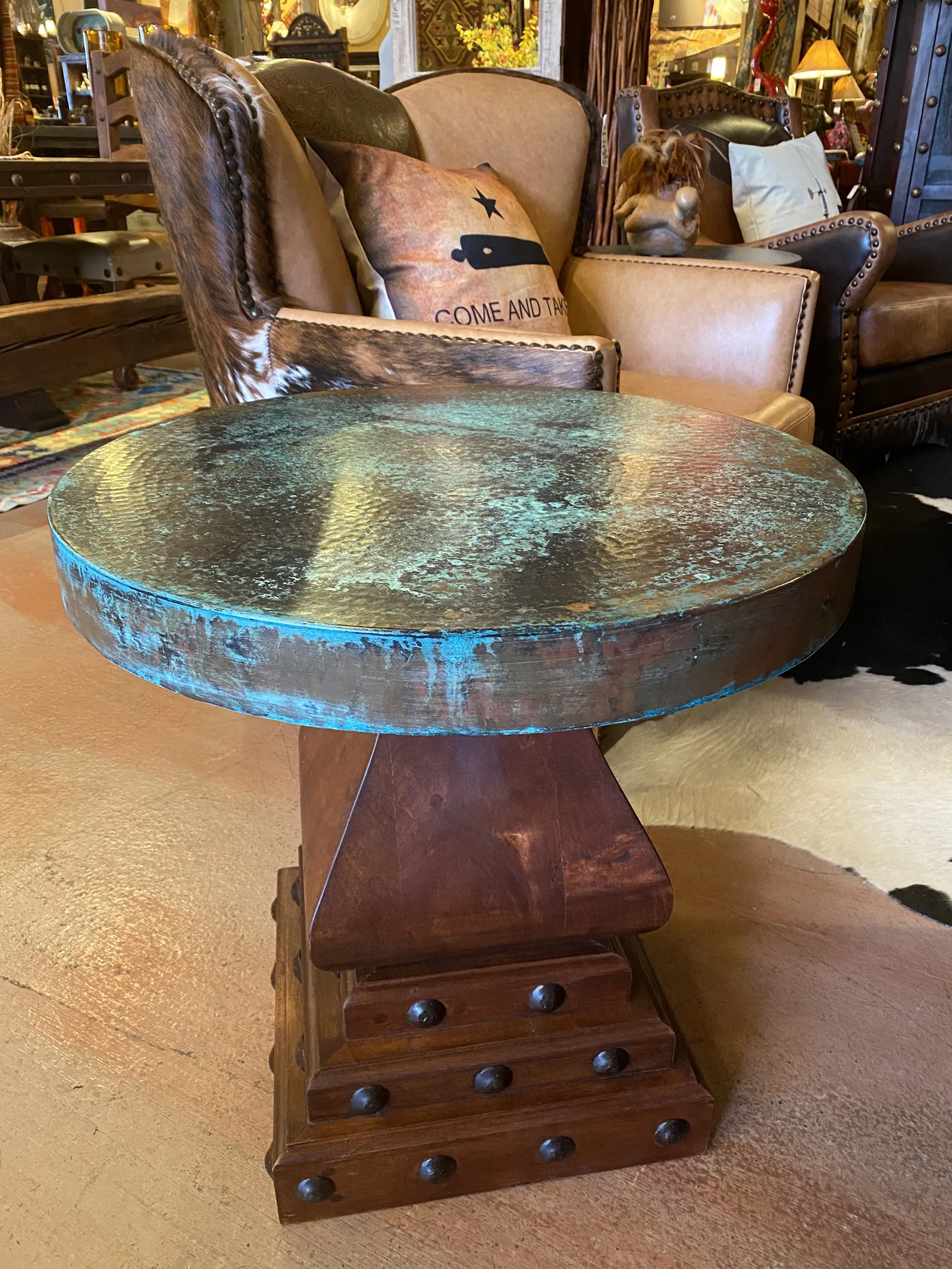 Round Acid-Washed Copper End Table on Mesquite Base