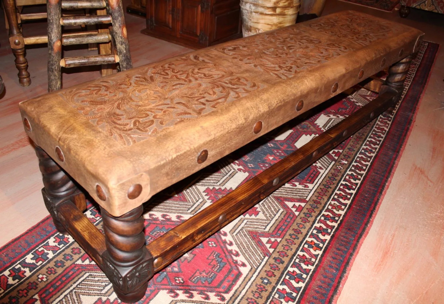 Rey Salomon Tooled Leather Backless Bench in Café