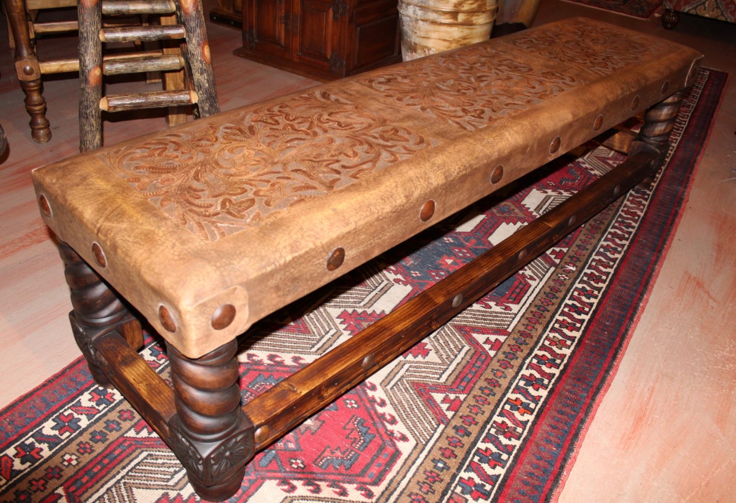 Rey Salomon Tooled Leather Backless Bench in Café