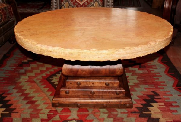 Round Marble Coffee Table on Mesquite Pedestal