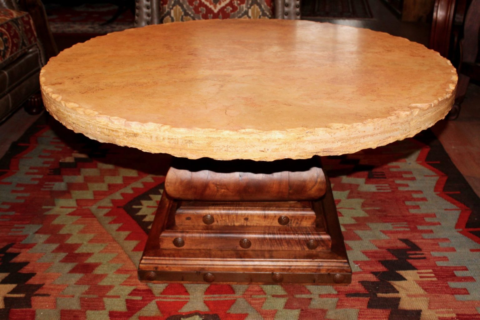 Round Marble Coffee Table on Mesquite Pedestal