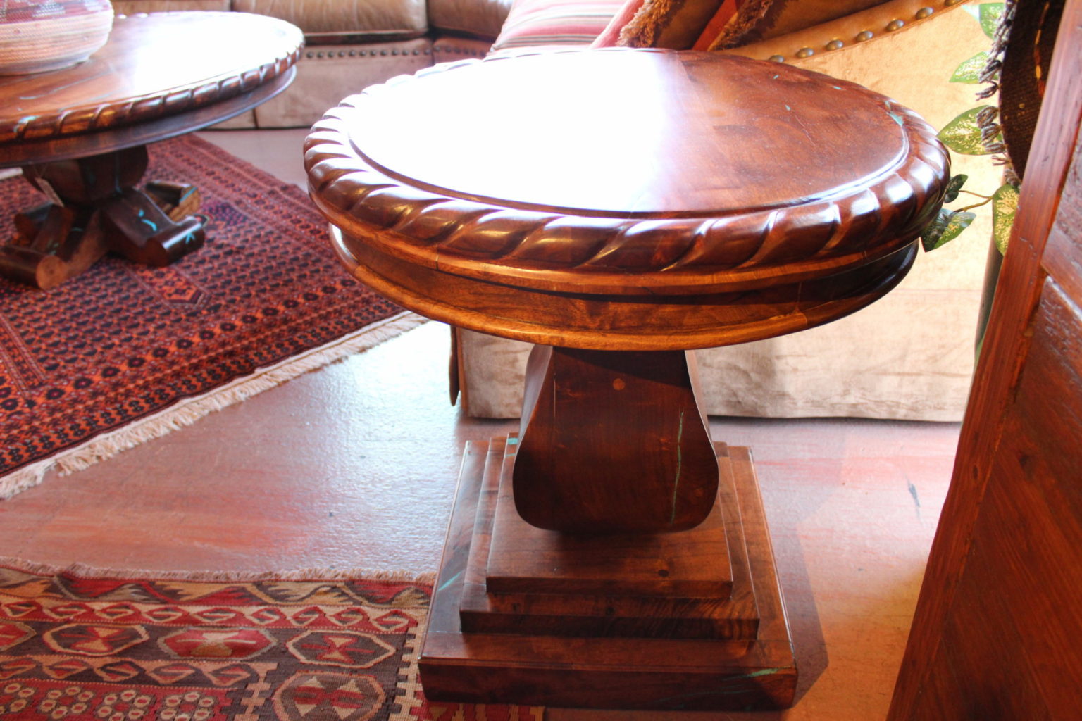 Round Rope Edge Mesquite End Table on Pedestal